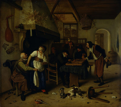 Jan Havicksz. Steen Interior of an inn with an old man amusing himself with the landlady and two men playing backgammon