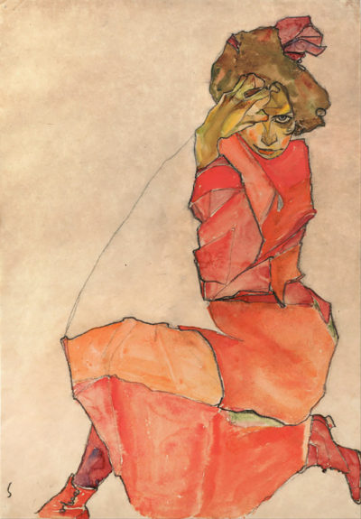 Egon Schiele Kneeling Woman in Orange-Red Dress