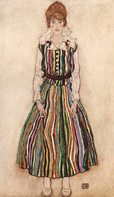 Egon Schiele Portrait of Edith Schiele in a striped dress