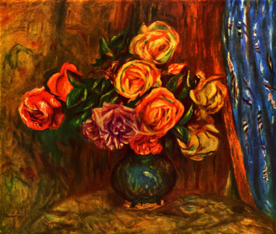 Pierre-Auguste Renoir Still life roses before a blue curtain