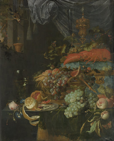 Abraham Mignon Still Life with Fruit and a Goldfinch