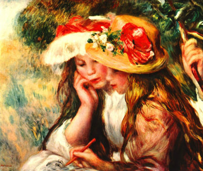 Pierre-Auguste Renoir Two reading girls in a garden