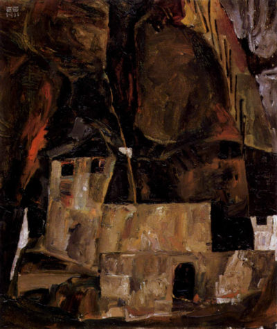 Egon Schiele Wall and house and terrain with fence
