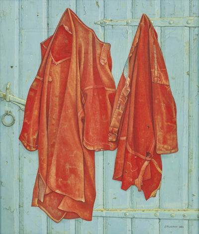 Jopie Huisman Roodbaaien hemden op blauwe deur 1984