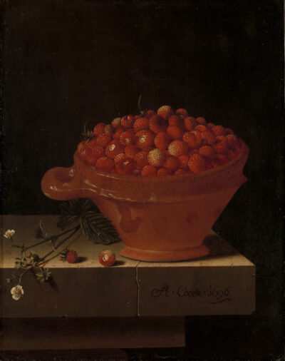 Adriaen Coorte A Bowl of Strawberries on a Stone Plinth